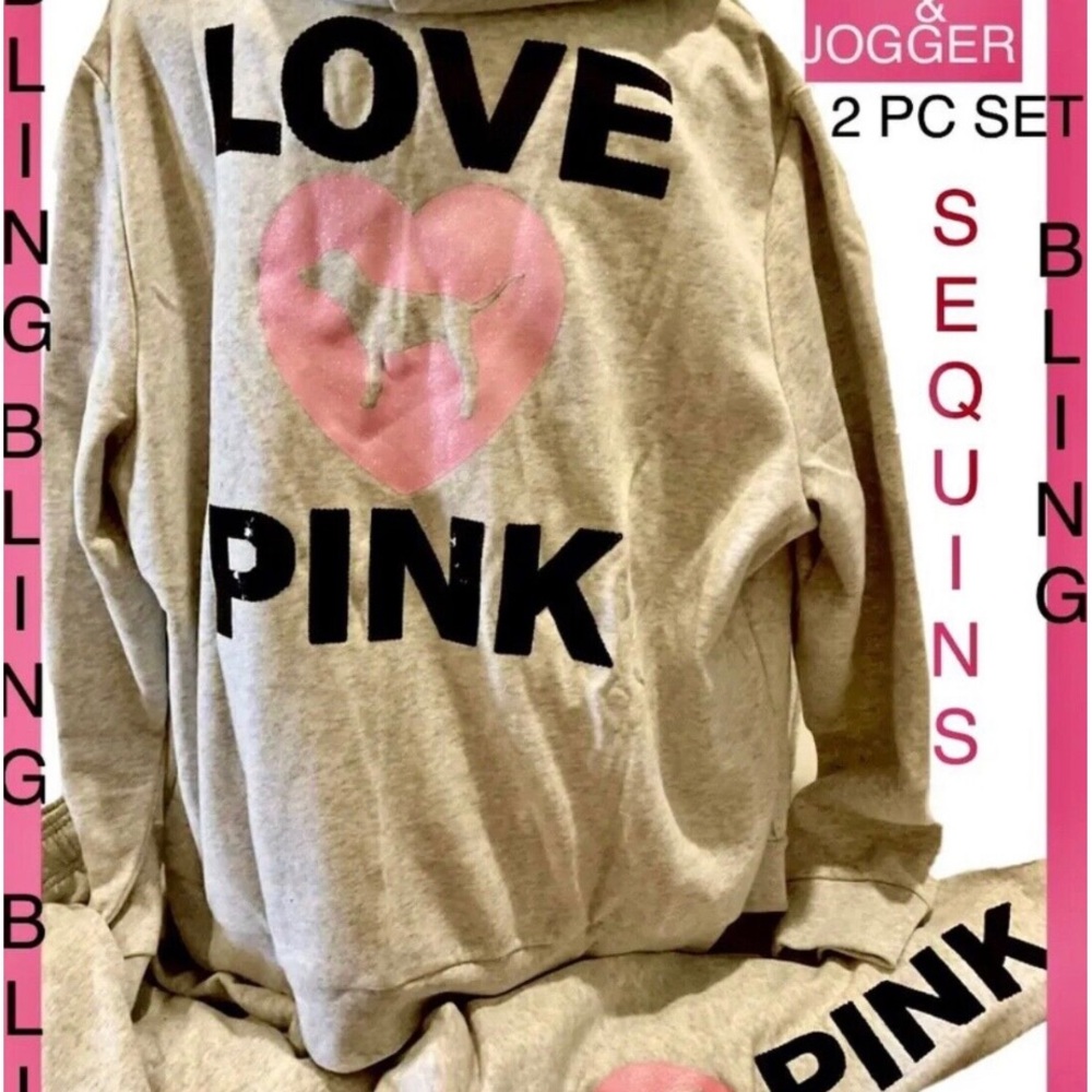 NEW VICTORIAS SECRET PINK  BLING SEQUIN SET FULL ZIP HOODIE & PANTS - Picture 11 of 15